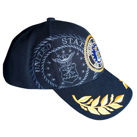 United States Air Force Embroidered Insignia Laurels Black Yellow Hook Loop Hat - Picture 2 of 6